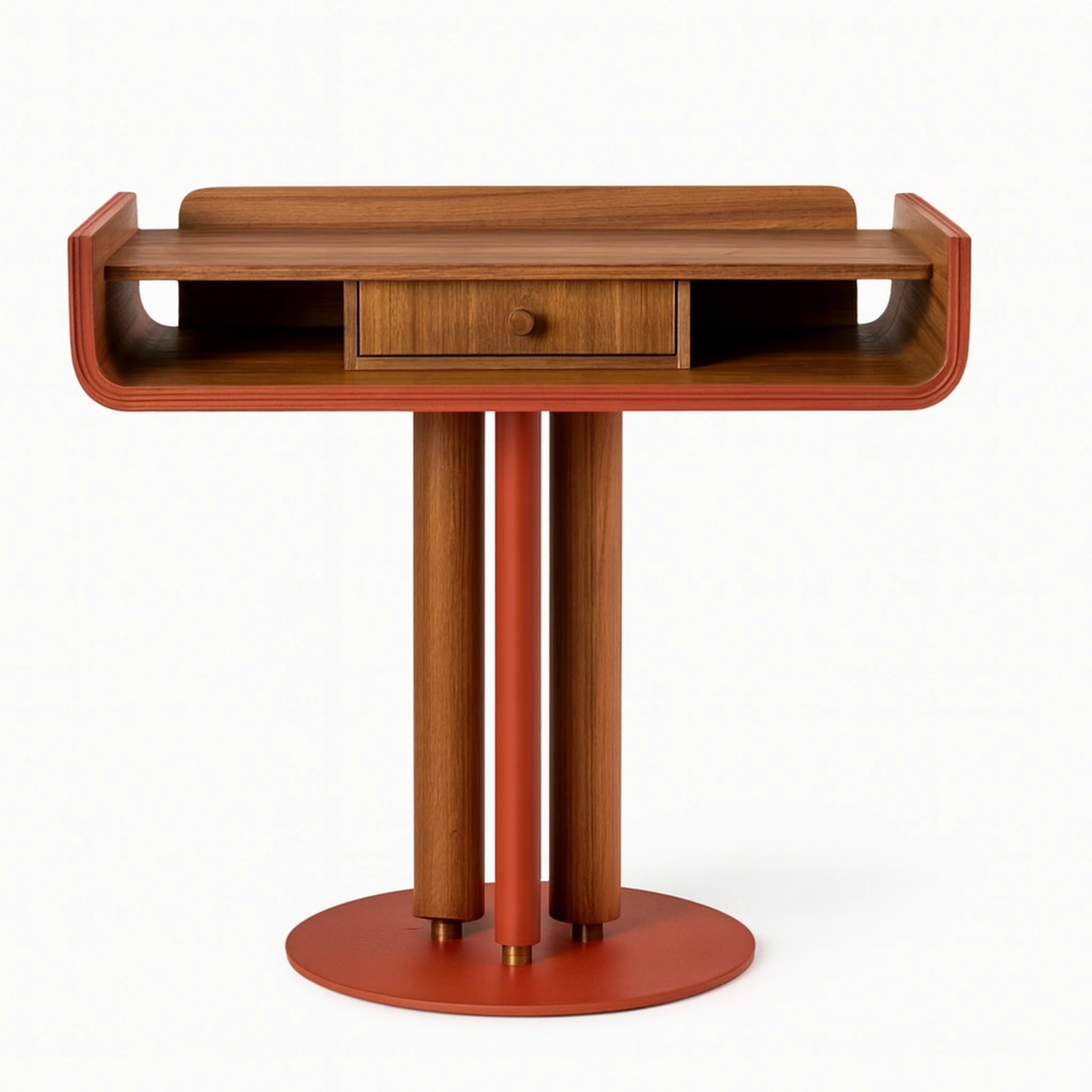 Tavolino in legno massello con base in metallo colore rosso-marrone-woodhomecraft